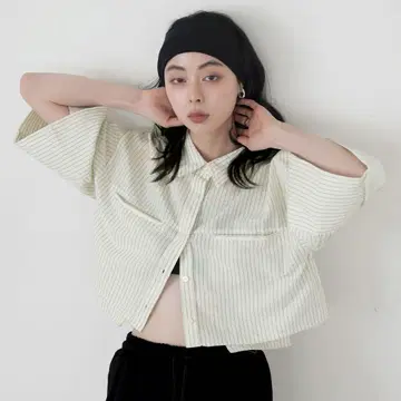 LIAN 스트라이프 하프 슬리브 숏 셔츠