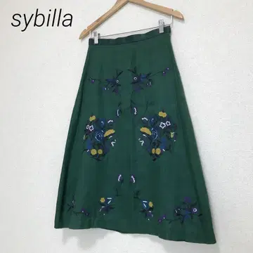 sybilla 시빌라 린넨 자수 스커트 종아리 기장 그린