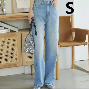 고베 레터스 면 100% 하이 웨스트 스트레이트 와이드 데님 팬츠