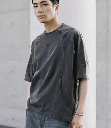 WYM LIDNM 커브드 솔기 빈티지 워싱 티셔츠