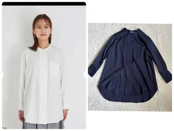 컨디션 최상 다나카 아키코 콜라보 스탠드 카라 디자인 블라우스 네이비