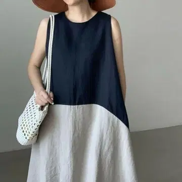 새상품 A 라인 슬리브리스 코튼 바이컬러 원피스 네이비 네이비