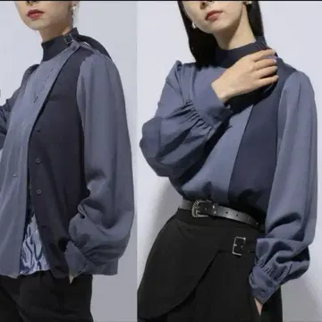 HARE 메탈 부품 하이넥 하이 쇼크 셔츠 블라우스 블루 벨트