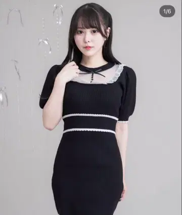 pium 튤 프릴 도리 니트 퍼프 원피스 블랙 피움