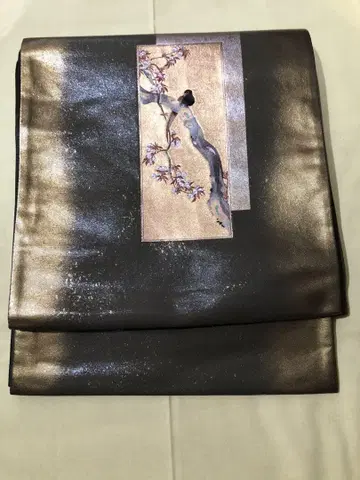 순수 실크 모스그린과 금 그라데이션 봉지 꽃과 새 그림
