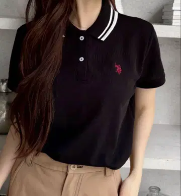 블랙 폴로 셔츠 스트라이프 옷깃 빨간색 로고 자수