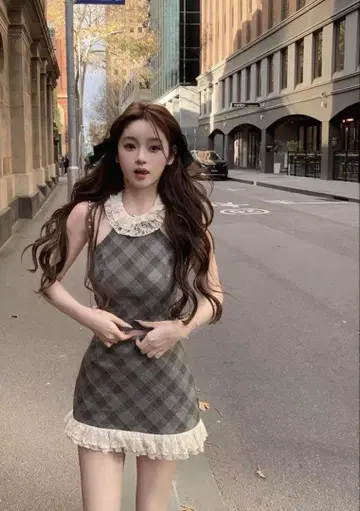 슬리브리스 미니 원피스 그레이 계열 체크
