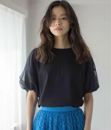 쿠미쿄쿠 접촉 냉감 튤 분또 도킹 티셔츠 펄 버튼 블랙 블랙