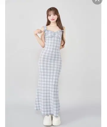 darich 깅엄 자카드 니트 롱 원피스 SAX 다리치