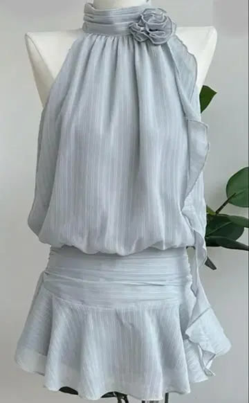 짙은 블루 스트라이프 패턴 슬리브리스 미니 원피스 왕홍 위시 코어