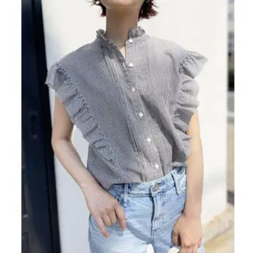 스픽 앤 스팬 슬리브리스 코튼 실크 핀턱 프릴 블라우스