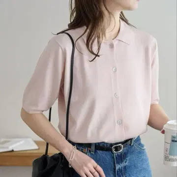 DISCOAT 사라모치 카라 반팔 가디건 핑크