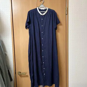 inobun 린넨 100% 네이비 반팔 셔츠 원피스