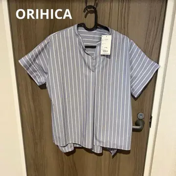 ORIHICA 파랑과 화이트 스트라이프 반팔 셔츠 L 사이즈