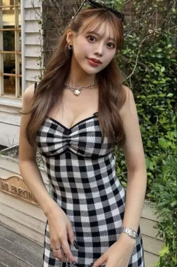 다리치 깅엄 자카드 니트 롱 원피스
