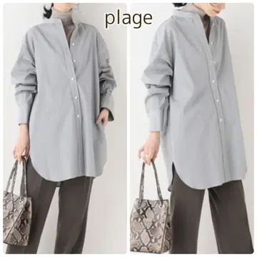 plage 플라주 밴드 카라 스탠드 카라 셔츠 스트라이프 루즈핏