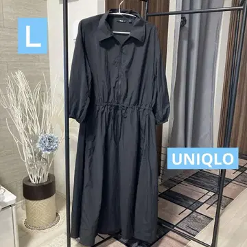 유니클로 신상 나일론 7부 소매 롱 원피스 L 블랙