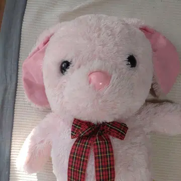 강아지 봉제 인형 핑크 체크 무늬 리본