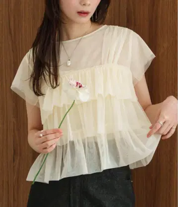 hinari 튤 프릴 프렌치 슬리브 상의