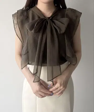 mipiarl 슬리브리스 보타이 와셔 시어 블라우스