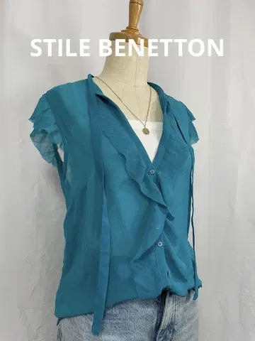STILE BENETTON 터콰이즈 프릴 슬리브리스 셔츠