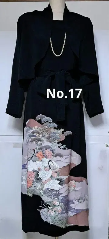 블랙 전통 예복 기모노 리메이크 볼레로가 포함된 롱 드레스, 학과 꽃무늬