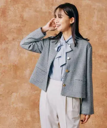 GLOBAL WORK 트위드 노카라 자켓 오프 체크