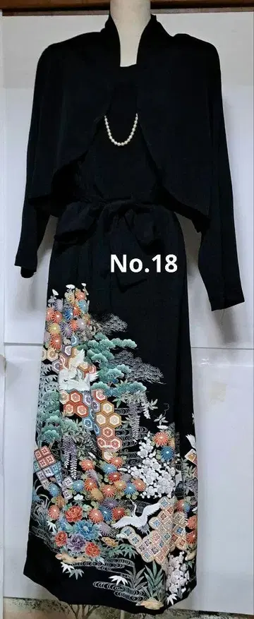 블랙 전통 예복 기모노 리메이크 볼레로 포함 롱 드레스 꽃무늬
