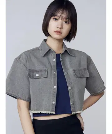 EMODA 컷 숏 데님 셔츠 그레이