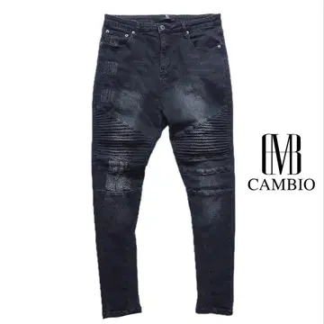 CAMBIO 밑단 리브 바이커 데님 팬츠