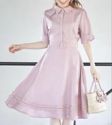 tocco closet 벨트 장식 레이스 셔츠 원피스 핑크