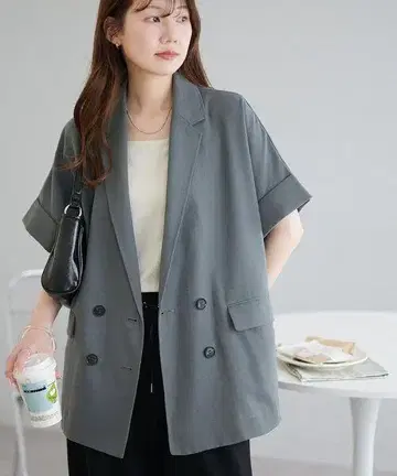 디스코트 린넨 느낌의 반팔 셔츠 자켓 그레이