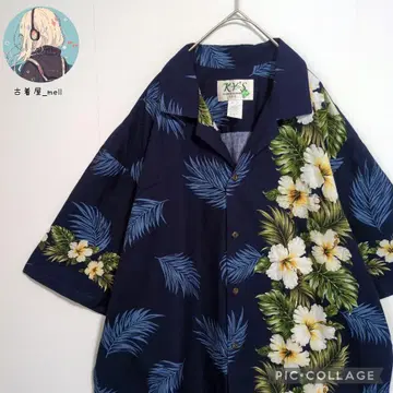 하와이산 알로하 셔츠 네이비 하이비스커스 오픈 카라 빅 사이즈 XL