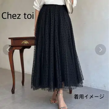 Chez toi 도트 무늬 블랙 플레어 스커트 FREE 사이즈 셰토와