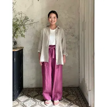 23SS 허그아워 린넨 오버 다이 스트레이트 리본 팬츠 그레이프