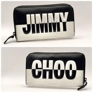 JIMMY CHOO 화이트 블랙 라운드 지퍼 가죽 천연 가죽 장지갑
