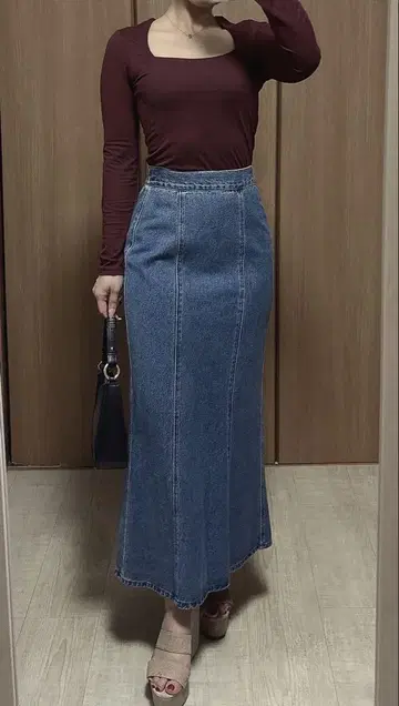 센스 오브 플레이스 어반 리서치 데님 플레어 롱 스커트 M 슬릿