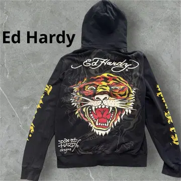 레어 Y2K Ed Hardy 드래곤 호랑이 자수 후드티 L 블랙