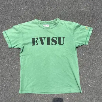 90s EVISU 그린 티셔츠 레어 짧은 길이 y2k 싱글 스티치