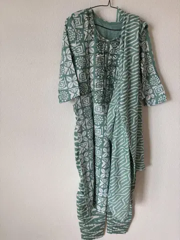 인도 쿠르타 팬츠 두파타 뱅글 세트 그린 fabindia