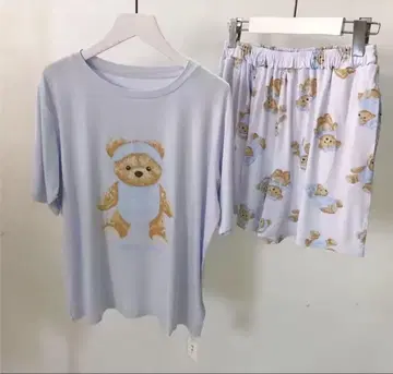 테디베어 패턴 룸웨어 세트 블루