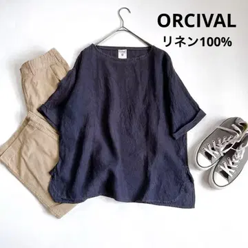 ORCIVAL] 린넨 100 % 풀오버 블라우스 네이비 자수 로고