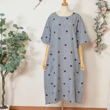 M~L 도트 자수 깅엄 롱 원피스 여성용/네이비
