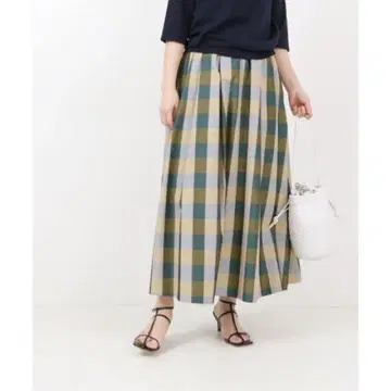 이에나 컬러 깅엄 턱 스커트