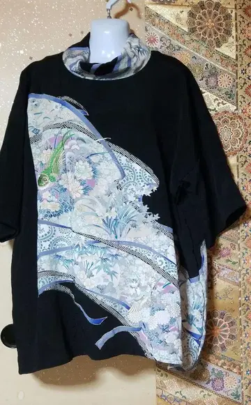 기모노 리메이크 블랙 전통 예복 기모노 모란 튜닉