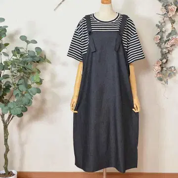M~L 보더 도킹 데님 잔스카풍 원피스 여성용/블랙