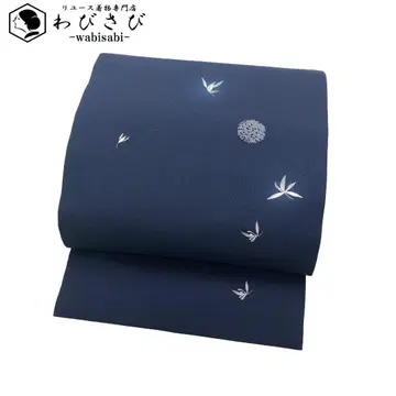 나고야 오비 달 모양에 꽃잎 무늬 크레이프 원단 네이비 남색 O-5307