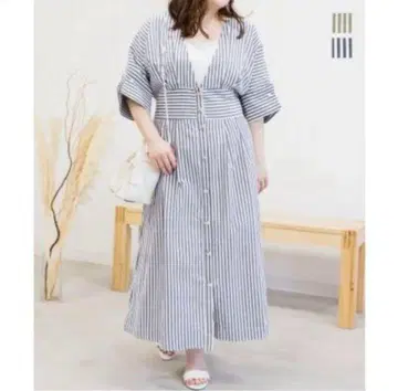 스트라이프 반팔 롱 원피스 허리 백 리본 LL