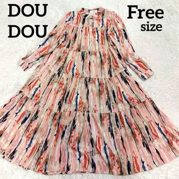 DouDou 스트라이프 페인트 패턴 원피스 롱 긴팔 티어드