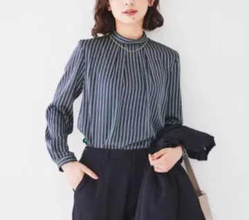 언타이틀 [출퇴근 수트/입사식/세레모니] 스트라이프 스탠드 카라 블라우스